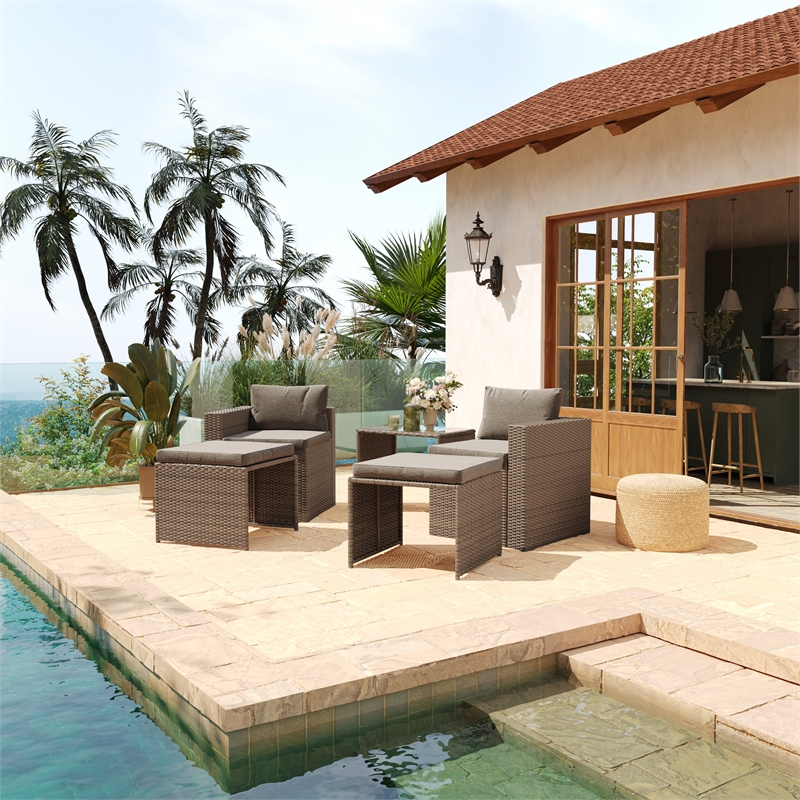 Indoor/Outdoor Modular Loveseat Sofa Set with Table and Ottomans in Gray/Natural