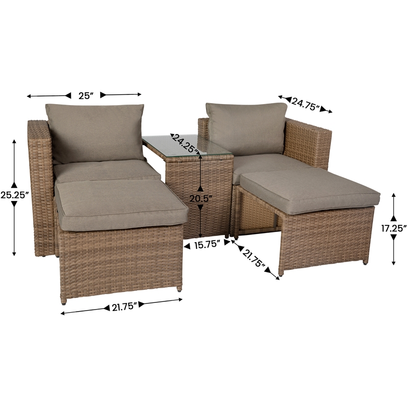 Indoor/Outdoor Modular Loveseat Sofa Set with Table and Ottomans in Gray/Natural