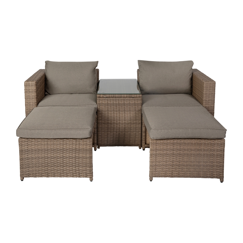 Indoor/Outdoor Modular Loveseat Sofa Set with Table and Ottomans in Gray/Natural