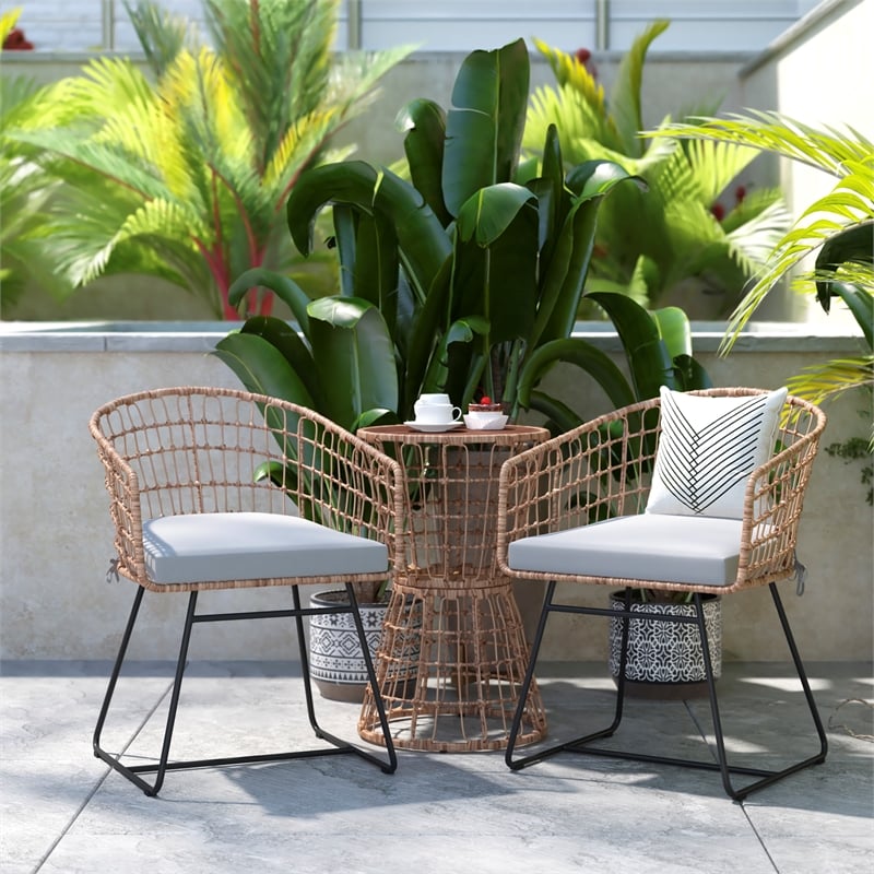 Indoor/Outdoor Natural Boho Rattan Rope Bistro Set with Side Table and Cushions