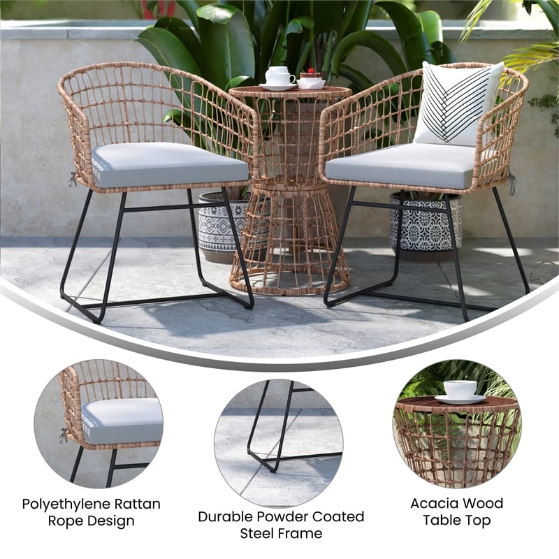 Indoor/Outdoor Natural Boho Rattan Rope Bistro Set with Side Table and Cushions