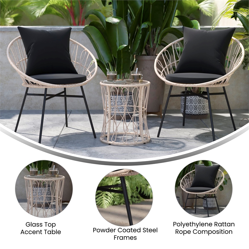 Indoor/Outdoor Rattan Rope Bistro Set Glass Top Table & Cushions-Tan/Black