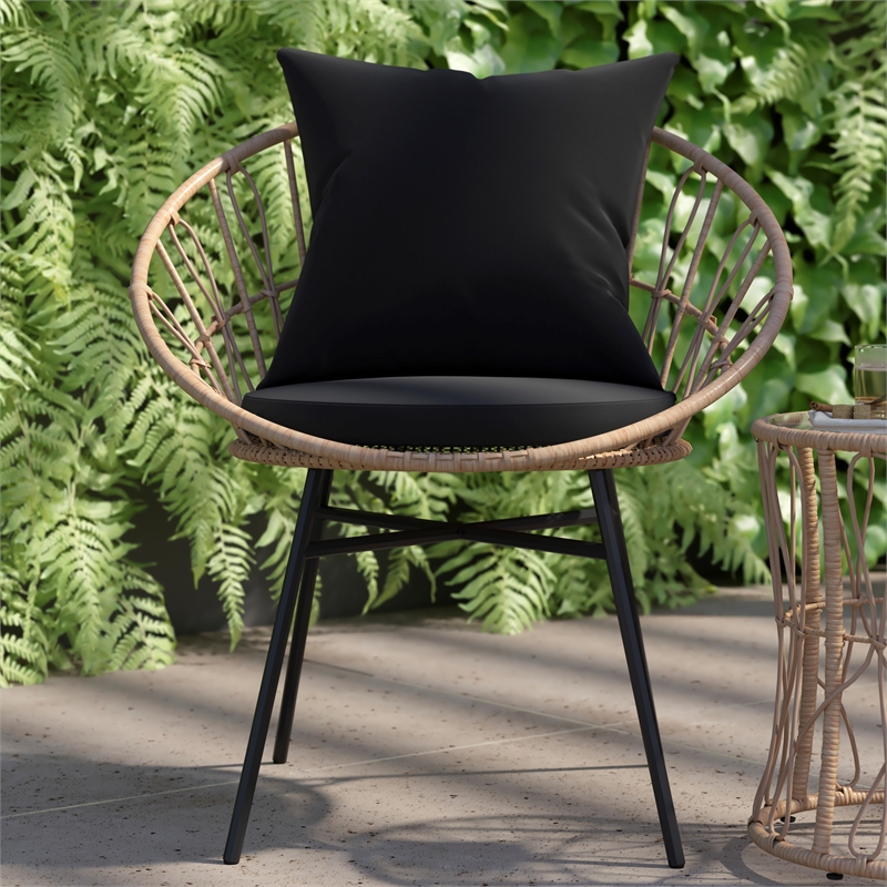 Indoor/Outdoor Rattan Rope Bistro Set Glass Top Table & Cushions-Tan/Black