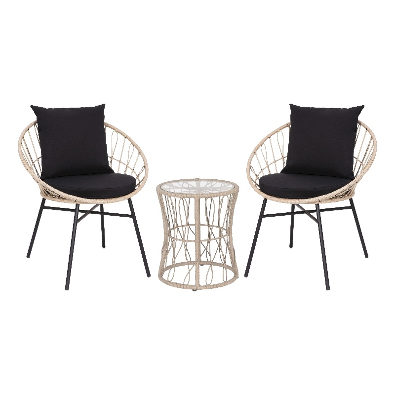 Indoor/Outdoor Rattan Rope Bistro Set Glass Top Table & Cushions-Tan/Black