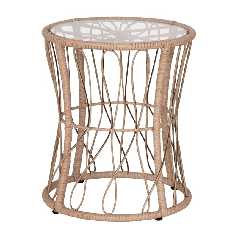 Indoor/Outdoor Rattan Rope Bistro Set Glass Top Table & Cushions-Tan/Light Gray