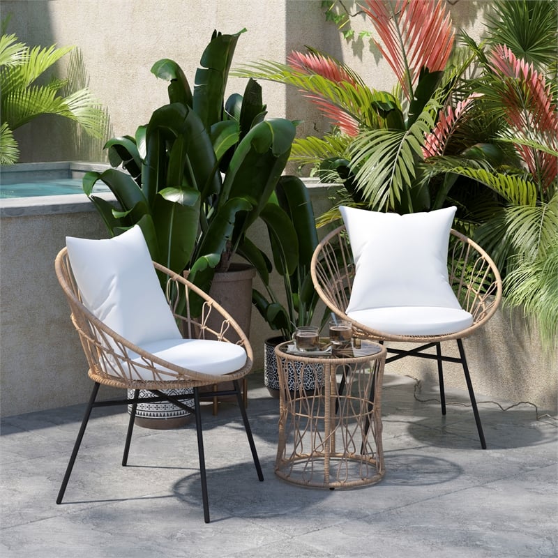 Indoor/Outdoor Rattan Rope Bistro Set Glass Top Table & Cushions-Tan/Light Gray
