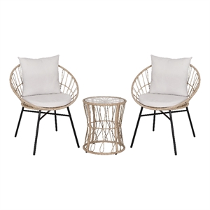 Indoor/Outdoor Rattan Rope Bistro Set Glass Top Table & Cushions-Tan/Light Gray