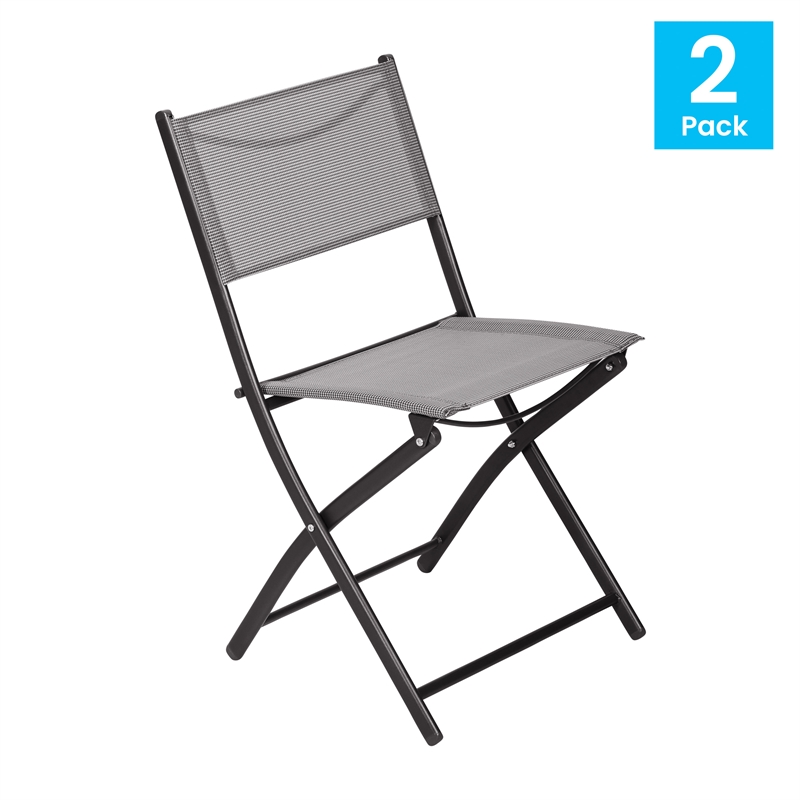 2 Pack Commercial Outdoor Flex Comfort Folding Chair with Metal Frame in Gray