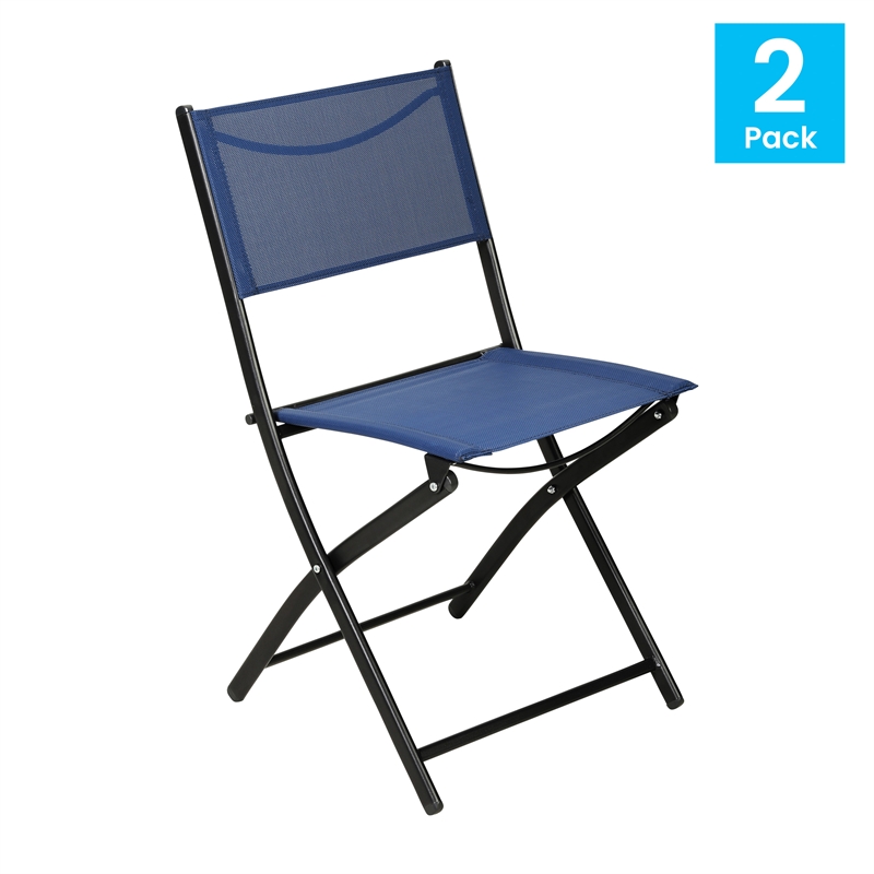 2 Pack Commercial Outdoor Flex Comfort Folding Chair with Metal Frame in Navy