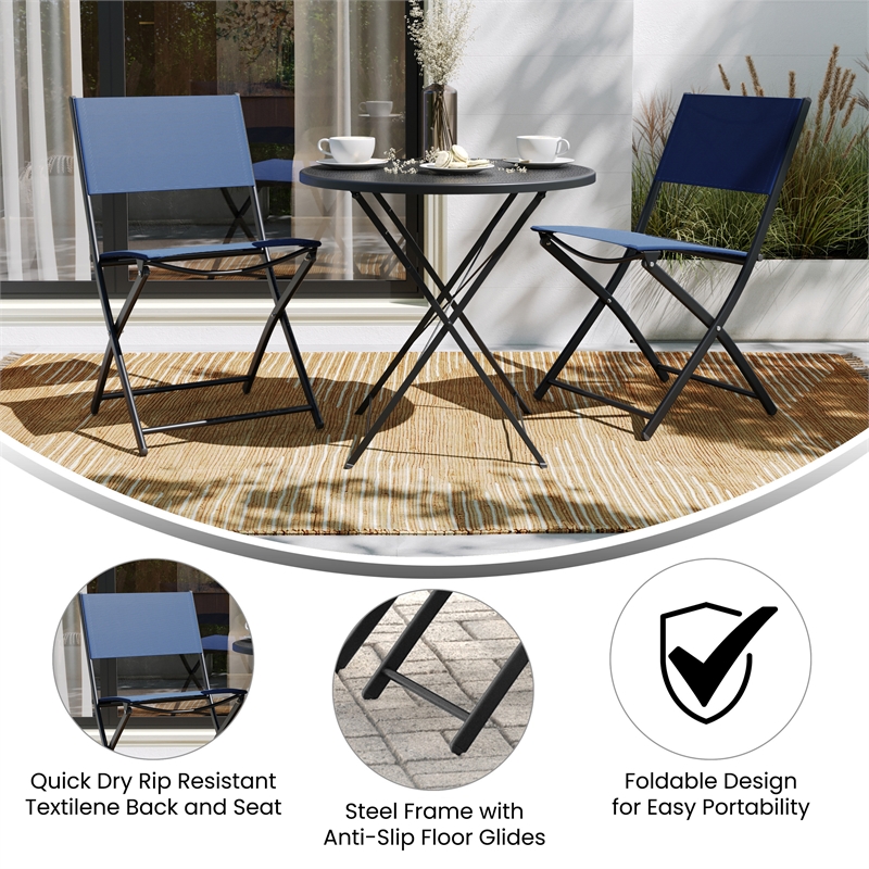 2 Pack Commercial Outdoor Flex Comfort Folding Chair with Metal Frame in Navy