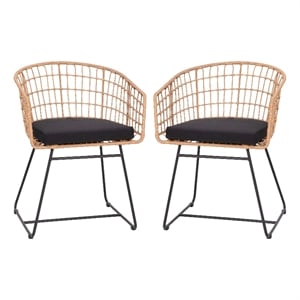 2PK Indoor/Outdoor Natural Boho Rattan Rope Club Chairs-Black Seat Cushions