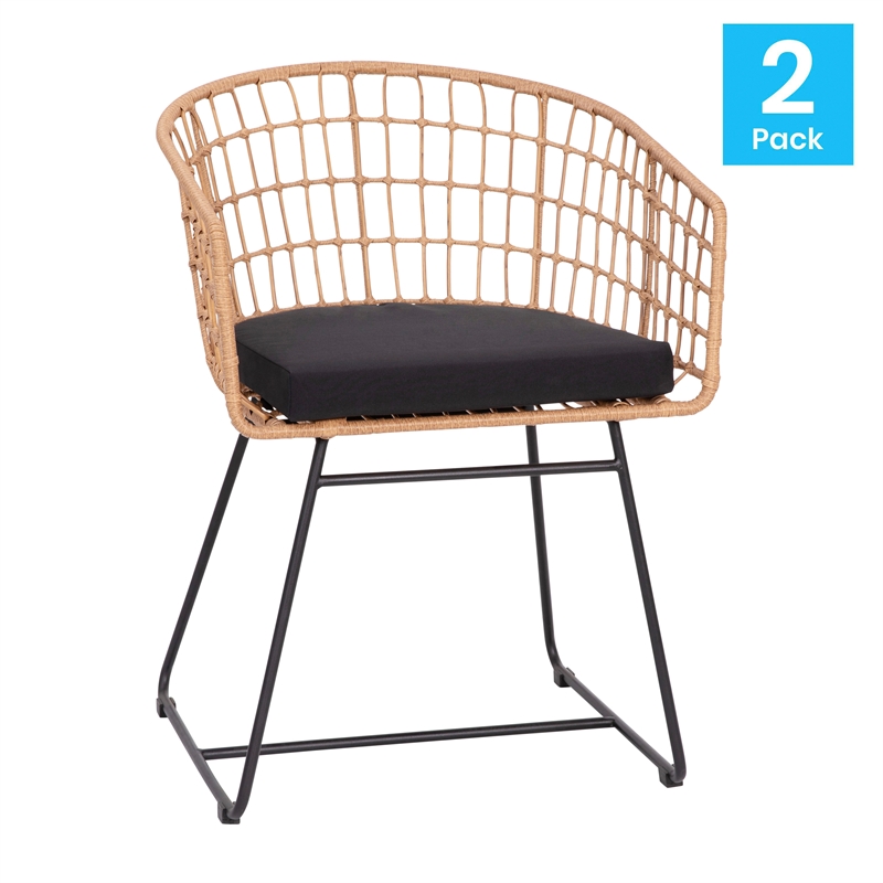 2PK Indoor/Outdoor Natural Boho Rattan Rope Club Chairs-Black Seat Cushions