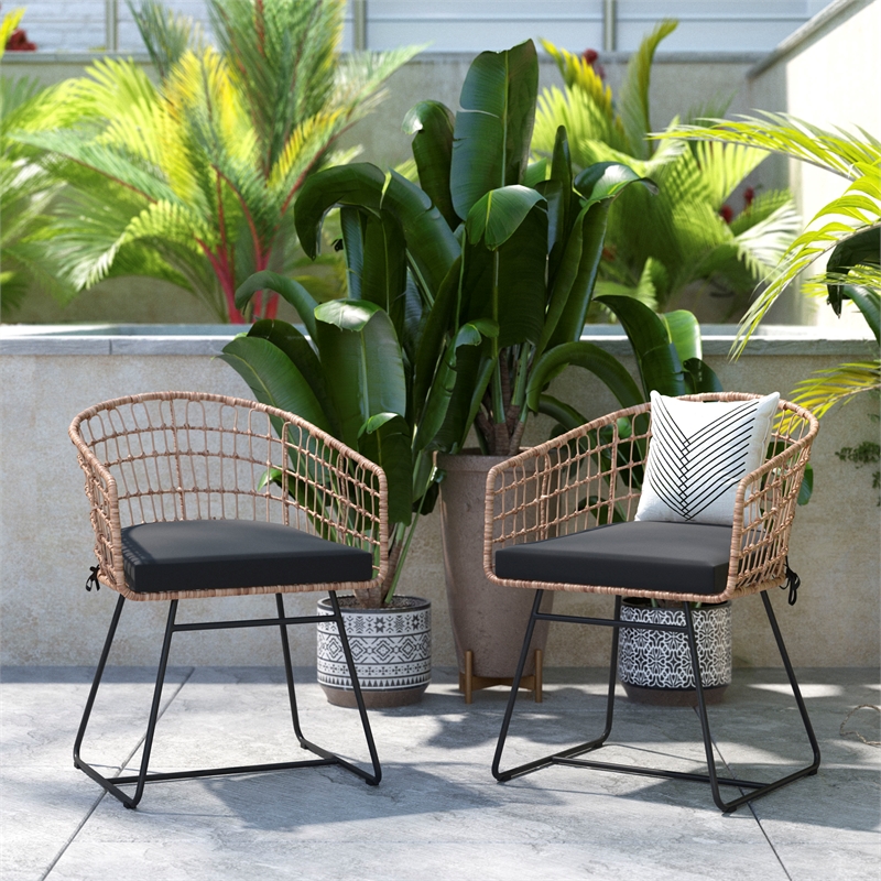 2PK Indoor/Outdoor Natural Boho Rattan Rope Club Chairs-Black Seat Cushions