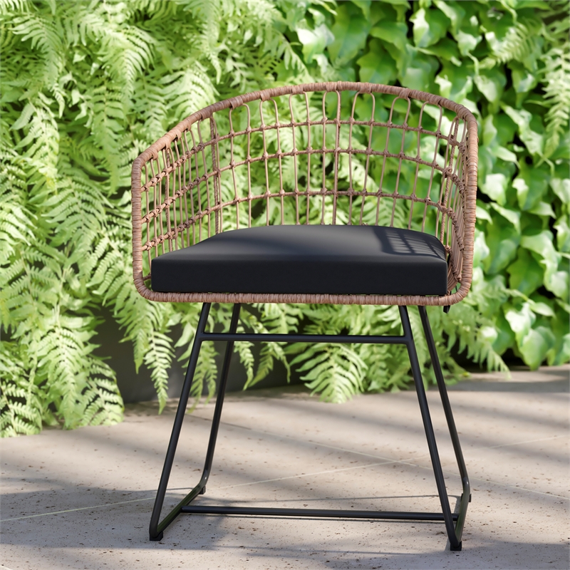 2PK Indoor/Outdoor Natural Boho Rattan Rope Club Chairs-Black Seat Cushions