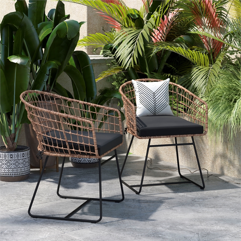 2PK Indoor/Outdoor Natural Boho Rattan Rope Club Chairs-Black Seat Cushions