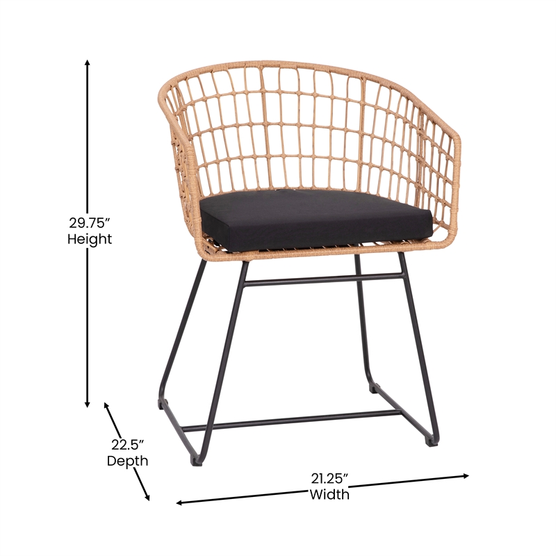 2PK Indoor/Outdoor Natural Boho Rattan Rope Club Chairs-Black Seat Cushions