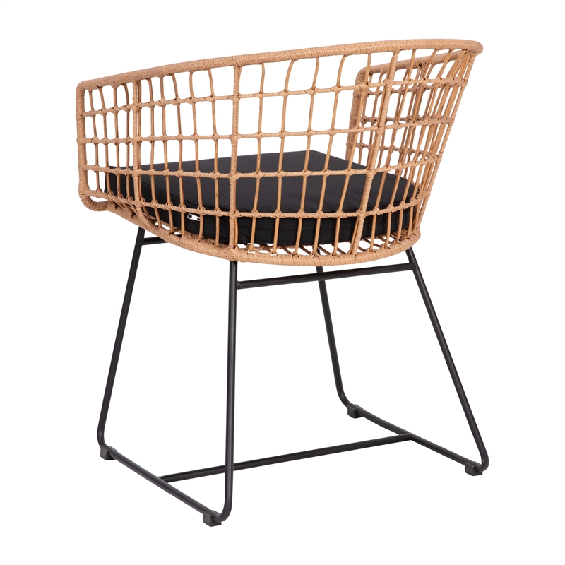 2PK Indoor/Outdoor Natural Boho Rattan Rope Club Chairs-Black Seat Cushions