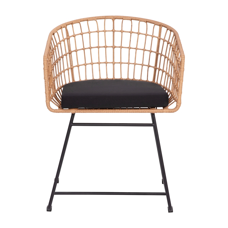 2PK Indoor/Outdoor Natural Boho Rattan Rope Club Chairs-Black Seat Cushions