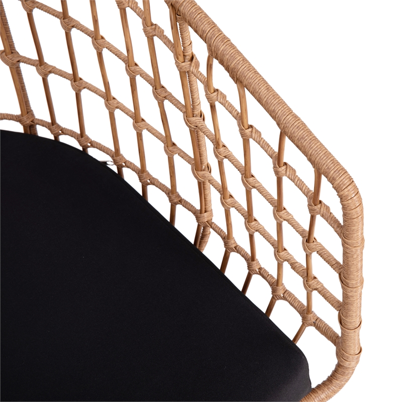 2PK Indoor/Outdoor Natural Boho Rattan Rope Club Chairs-Black Seat Cushions