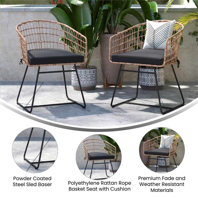 2PK Indoor/Outdoor Natural Boho Rattan Rope Club Chairs-Black Seat Cushions