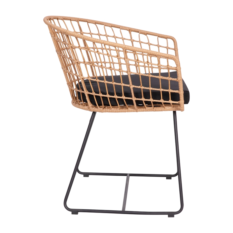 2PK Indoor/Outdoor Natural Boho Rattan Rope Club Chairs-Black Seat Cushions