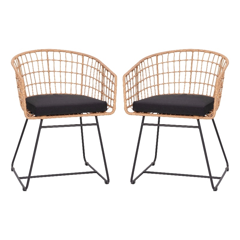 2PK Indoor/Outdoor Natural Boho Rattan Rope Club Chairs-Black Seat Cushions