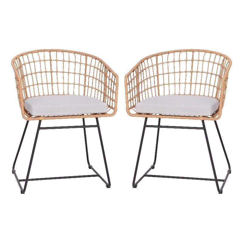 2PK Indoor/Outdoor Natural Boho Rattan Rope Club Chairs-Light Gray Seat Cushions