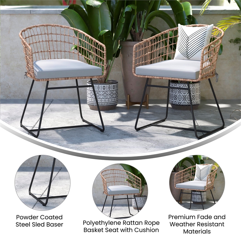 2PK Indoor/Outdoor Natural Boho Rattan Rope Club Chairs-Light Gray Seat Cushions