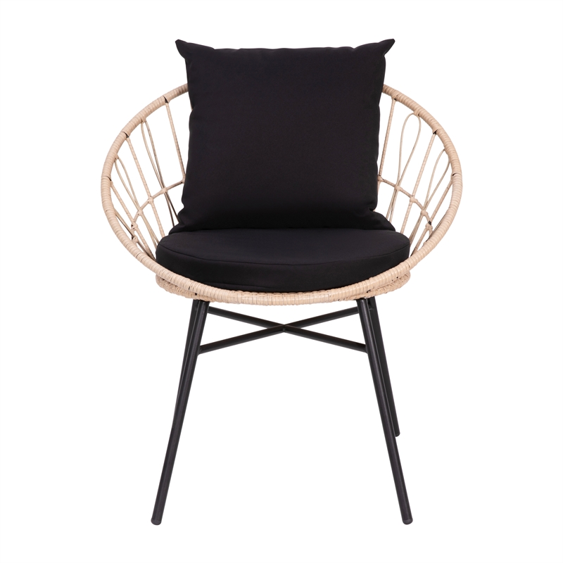 Indoor/Outdoor Boho Rattan Rope Chairs with Back & Seat Cushions - Tan/Black