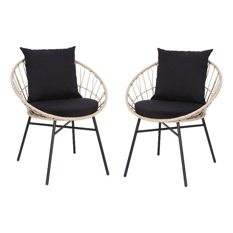 Indoor/Outdoor Boho Rattan Rope Chairs with Back & Seat Cushions - Tan/Black
