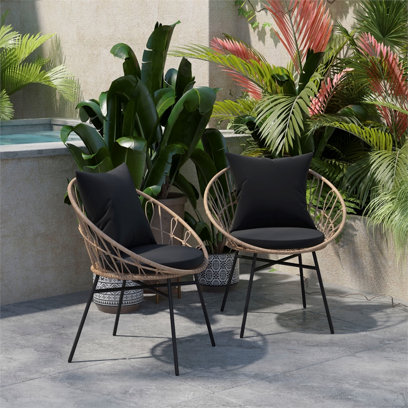 Indoor/Outdoor Boho Rattan Rope Chairs with Back & Seat Cushions - Tan/Black