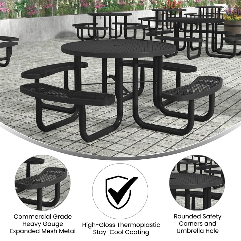 Commercial 46 Inch Round Expanded Mesh Metal Picnic Table with Anchors - Black