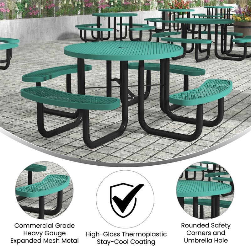 Commercial 46 Inch Round Expanded Mesh Metal Picnic Table with Anchors - Green