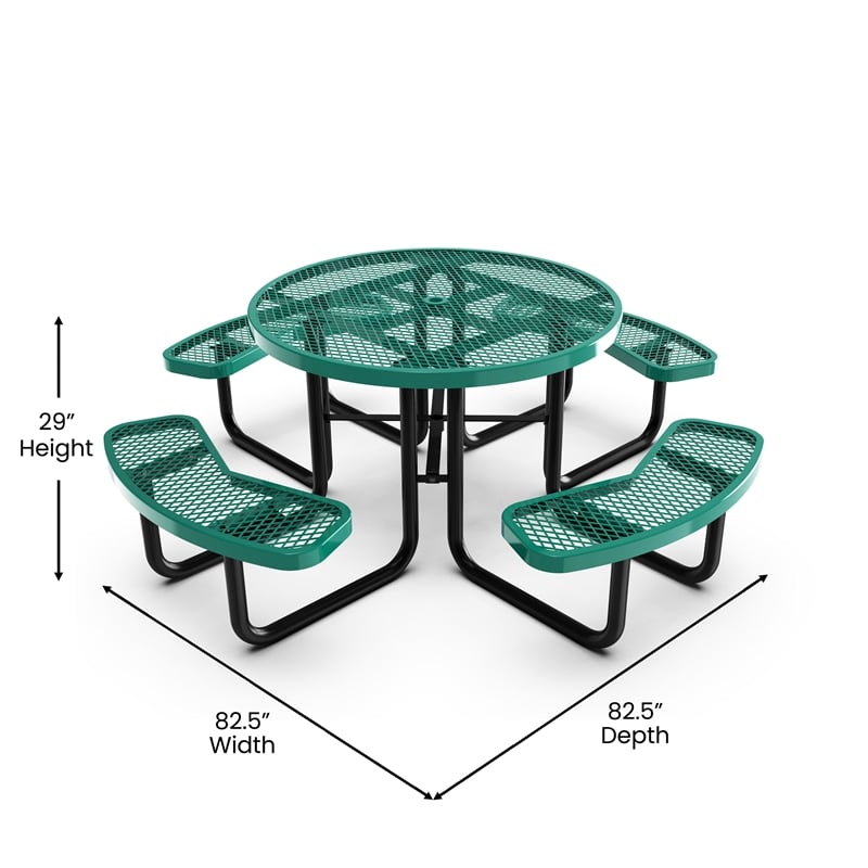 Commercial 46 Inch Round Expanded Mesh Metal Picnic Table with Anchors - Green