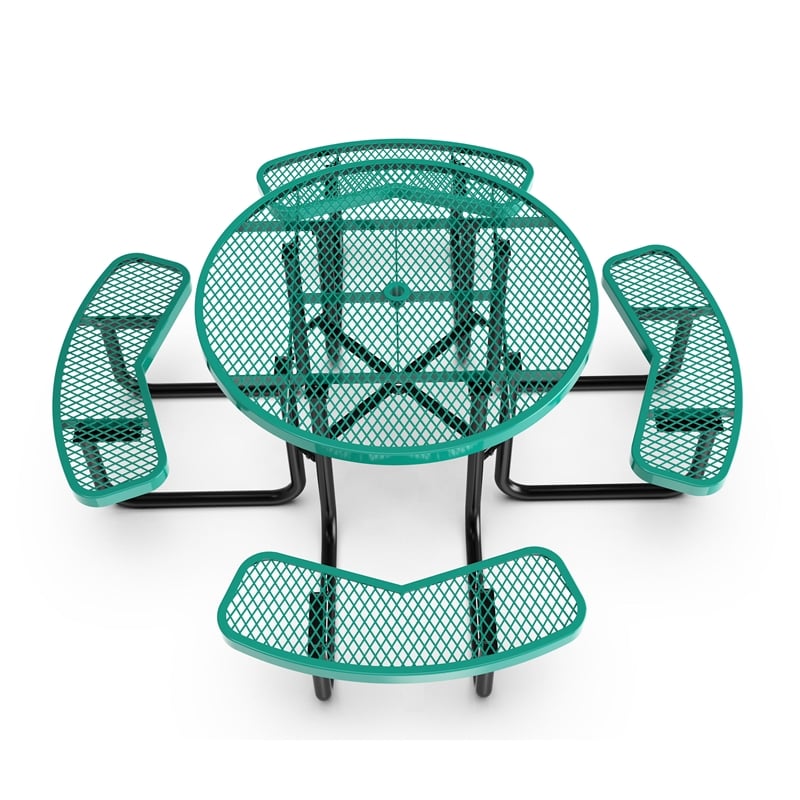 Commercial 46 Inch Round Expanded Mesh Metal Picnic Table with Anchors - Green