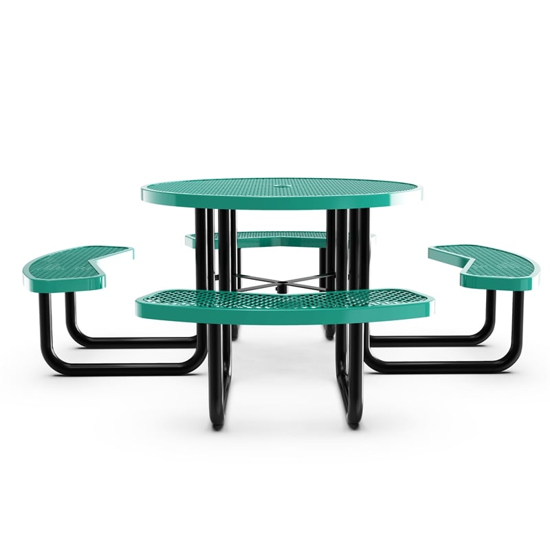 Commercial 46 Inch Round Expanded Mesh Metal Picnic Table with Anchors - Green