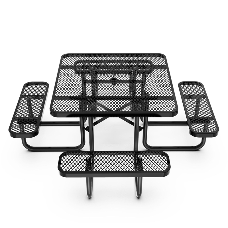 Commercial Grade 46 Inch Square Expanded Mesh Metal Outdoor Picnic Table - Black