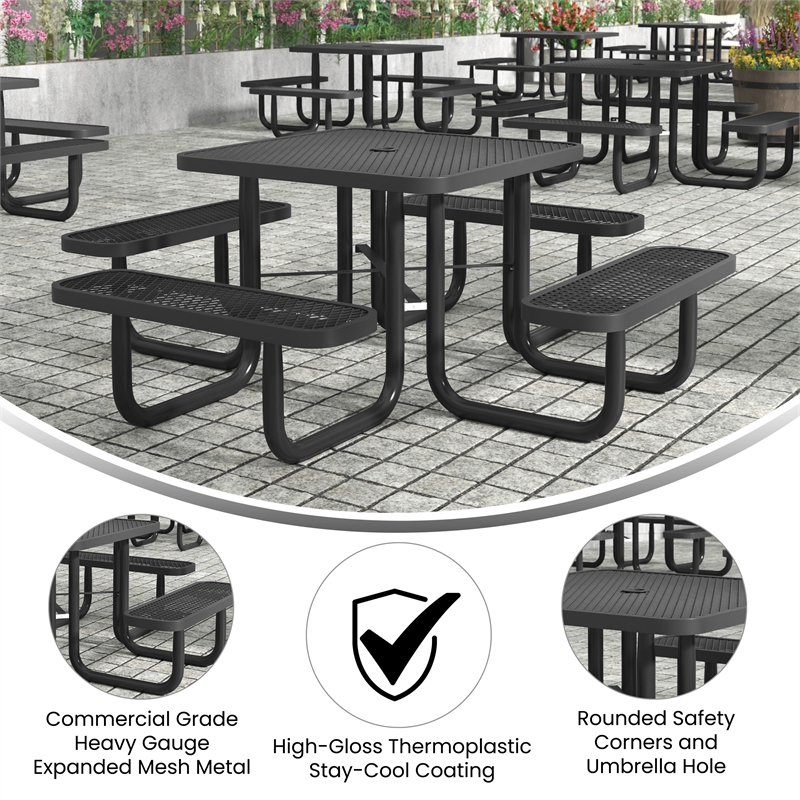 Commercial Grade 46 Inch Square Expanded Mesh Metal Outdoor Picnic Table - Black