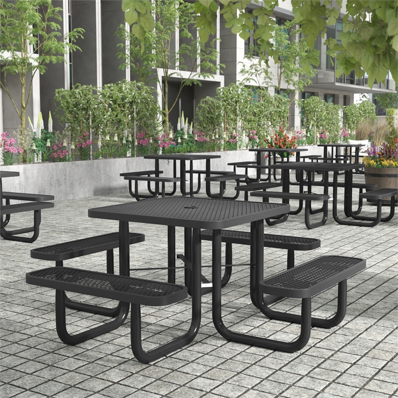 Commercial Grade 46 Inch Square Expanded Mesh Metal Outdoor Picnic Table - Black