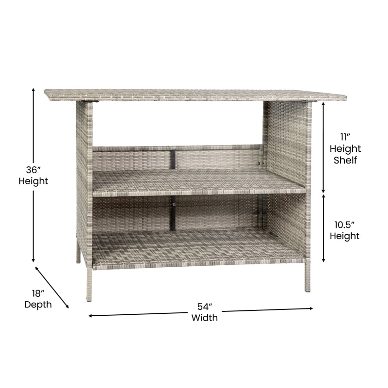 Indoor/Outdoor Wicker Rattan Patio Bar Counter Table with Two Shelves in Gray
