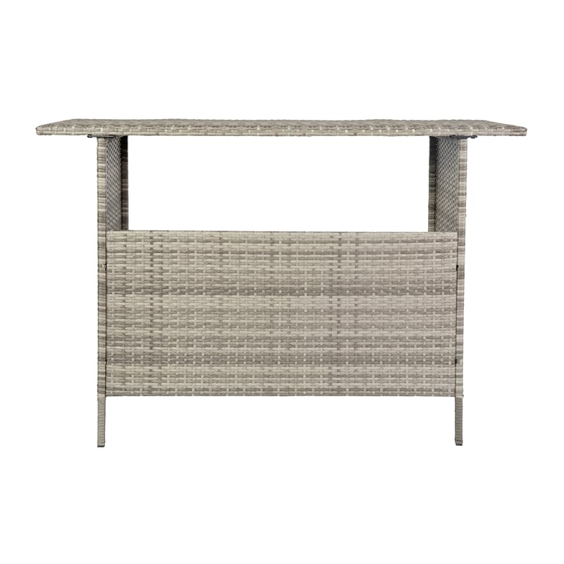 Indoor/Outdoor Wicker Rattan Patio Bar Counter Table with Two Shelves in Gray