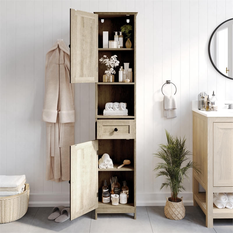 Farmhouse Freestanding Linen Tower with Shelves Drawer and Doors - Brown
