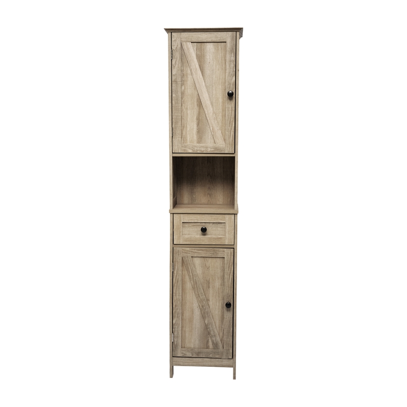Farmhouse Freestanding Linen Tower with Shelves Drawer and Doors - Brown