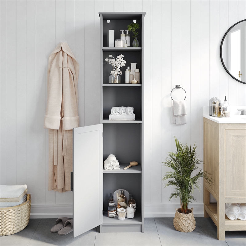 Modern Freestanding Linen Tower with Shelves and Magnetic Close Door - Gray