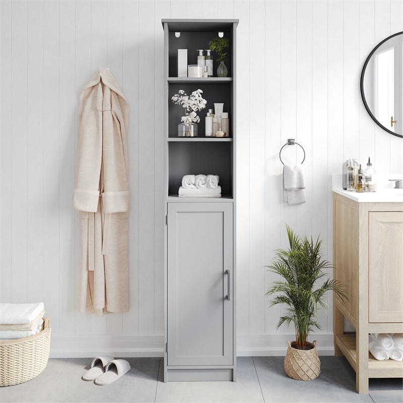 Modern Freestanding Linen Tower with Shelves and Magnetic Close Door - Gray