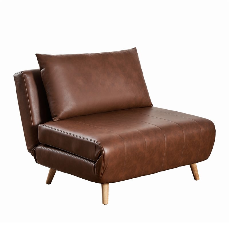 Convertible Tri-Fold Chair with Pillow and Hideaway Legs in Brown LeatherSoft