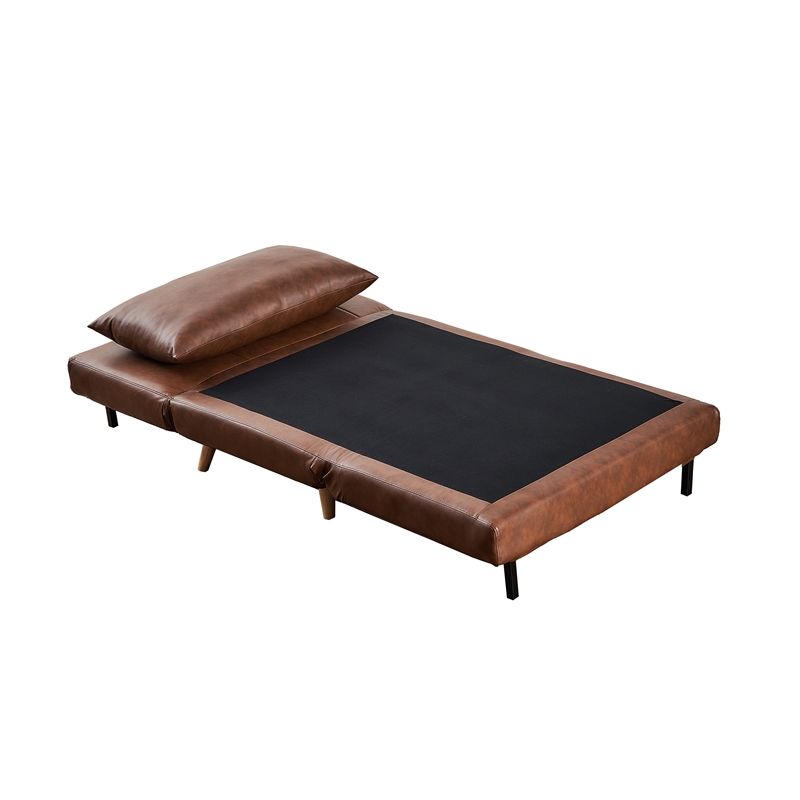 Convertible Tri-Fold Chair with Pillow and Hideaway Legs in Brown LeatherSoft