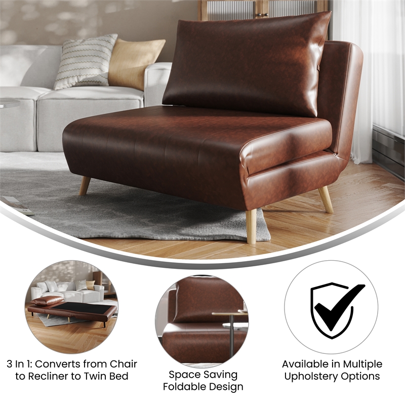 Convertible Tri-Fold Chair with Pillow and Hideaway Legs in Brown LeatherSoft