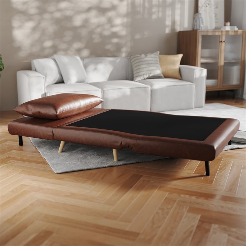 Convertible Tri-Fold Chair with Pillow and Hideaway Legs in Brown LeatherSoft