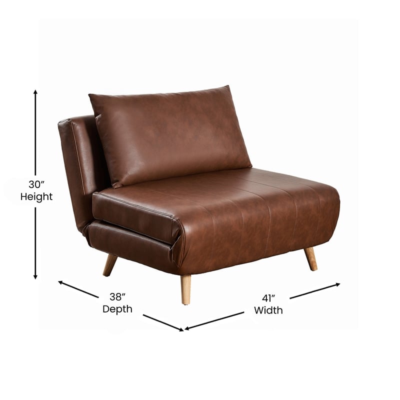 Convertible Tri-Fold Chair with Pillow and Hideaway Legs in Brown LeatherSoft